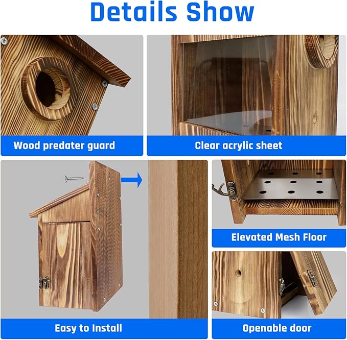 Natural Wood Birdhouse for Outside, Wooden Nesting Box with Circular Entrance Hole and Perch， Blue Bird Houses for Outdoors with Clear View Panel & Predator Guard for Blue Robin, Wren, Swallow