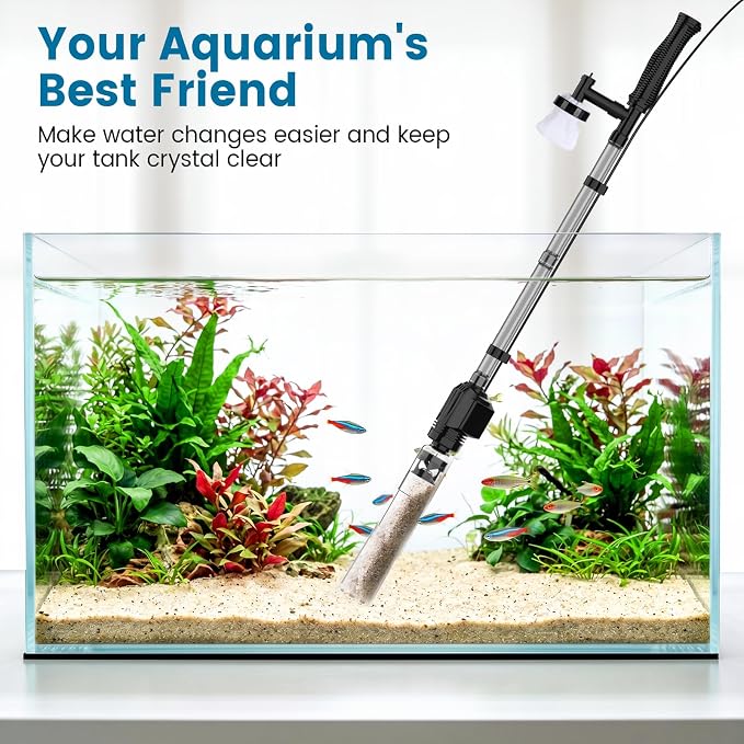 AQQA Aquarium Gravel Cleaner, 6-in-1 Electric Fish Tanks Gravel Vacuum | Anti-Clog Gravel Barrier, Sand Washer, Water Changer, Filter Bag, Adjustable Flow, 211GPH for 15+ Gallon Tanks