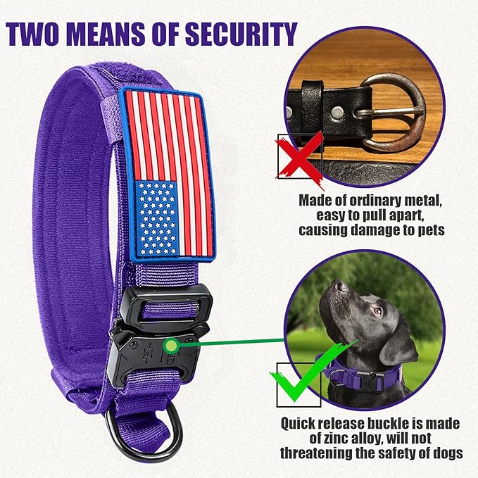 Celifelight Tactical Dog Collar Military Dog Collar Adjustable Nylon Dog Collar Heavy Duty Metal Buckle with Handle for Dog Training,with Patches(Purple, M)