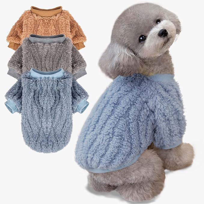 FabriCastle Small Dog Sweaters, 3-Pack Dog & Cat Clothes, Ultra Soft and Warm Pet Jackets for Small Dogs Boy & Girl, Winter Pet Apparel Costumes, Puppy Outfits (Blue,Grey,Doe, Large)
