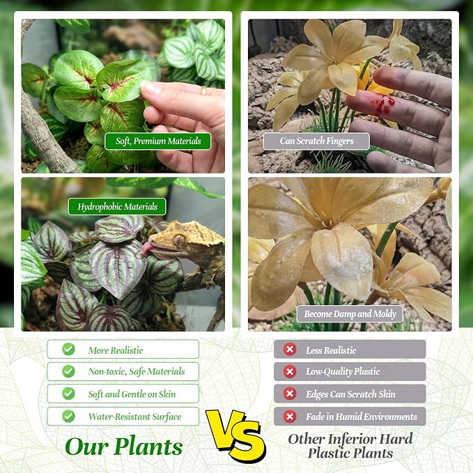 5 Pcs Reptile Plants & Habitat Decor Kit - Artificial Plants & Large 3.3ft Jungle Vine Branch, Artificial Leaves with Suction Cup Tank Decor Accessories for Crested Gecko, Lizard, Snake,Forg,Tortoise