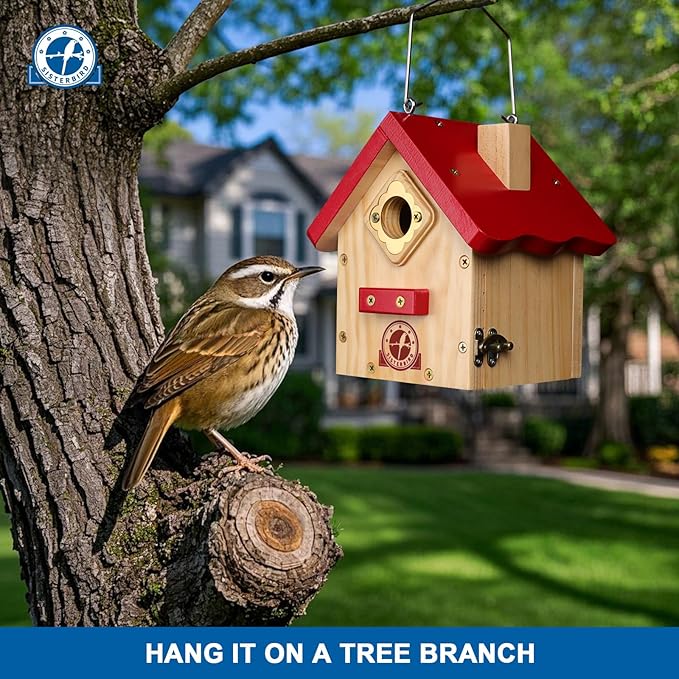 SISTERBIRD Wren Bird House, Premium Wooden Bird Houses for Outside, Classic Cabin Design Birdhouses for Outdoors, Hanging Bird House, Red-Breasted Nuthatch Wren Chickadee