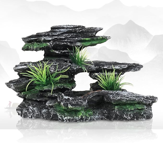 Aquarium Decor Mountain View Stone Ornament, Premium Landscape Fish Tank Decorations, Fish Tank Accessories, Ideal for Betta, Snails, Turtle, Hiding, Playing, Basking and Resting Spots