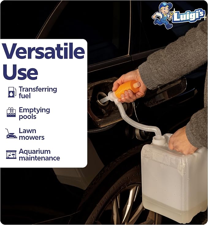Luigi's Siphon Pump - Siphon Hose for Water & Gasoline Fuel Transfer - Large Hand Water Pump for Squeezing Gas Lawn Mowers & Manual Pumping Petrol Liquid Syphon Alcohol and more