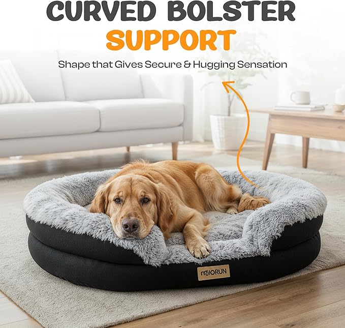 Fluffy Orthopedic Jumbo Dog Bed for Extra Large Dogs, Calming Plush Sofa Bed with Curved Bolster Support, 48" Cozy Oval Pet Donut Bed with Washable Cover, Gray
