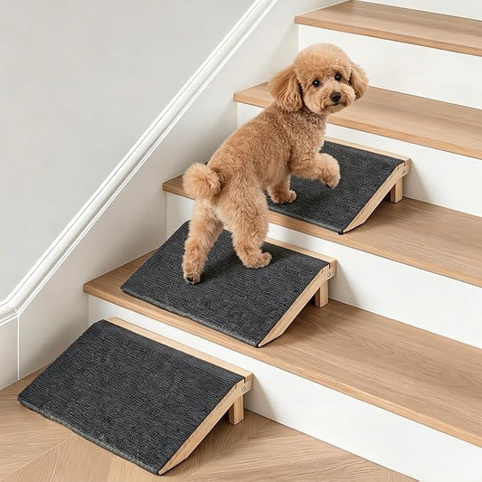 Adjustable Height Dog Ramp for Stairs (11cm/14cm), 3-Pack Solid Wood Pet Stair Ramp with High Traction Carpet, Indoor Dog Step for Small Breeds, Senior Dogs & Cats