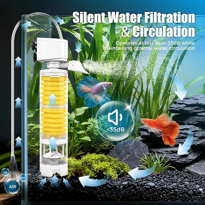 Vehipa Fish Tank Filters, 4-in-1 Aquarium Filter for Multi-Layer Filtration, Adjustable Oxygenation & Wavemaker, Ultra-Quiet Water Circulation for 40-70 Gallon Aquariums, 225GPH