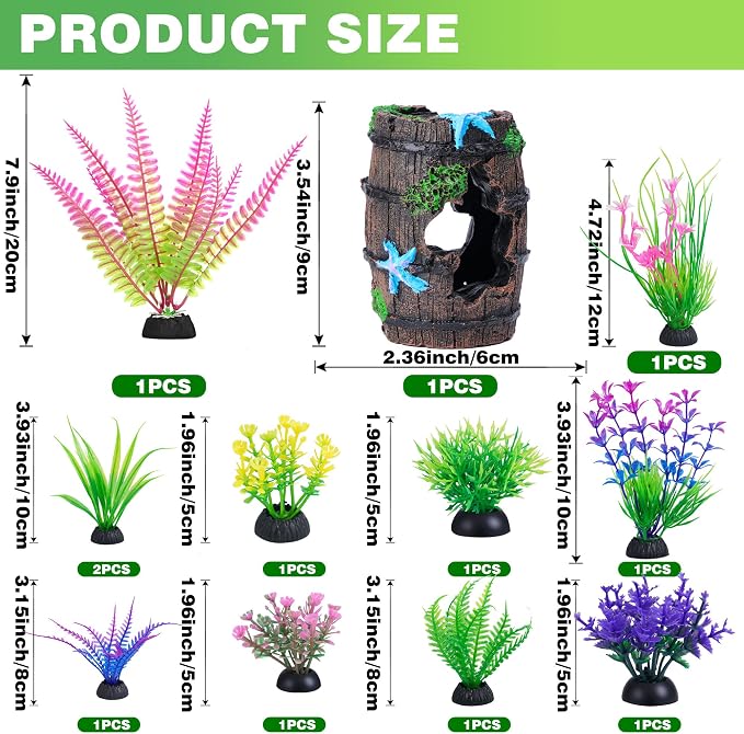 Ameliade 11 Aquarium Plants & Fish Tank Broken Barrel Cave Decorations Set | Broken Barrel Cave and Soft Artificial Plastic Plants Decor Accessories for Betta Goldfish Tank, Small Fish Bowl Ornaments