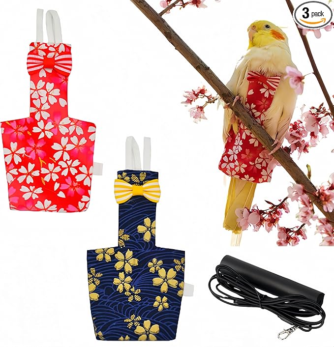 2 Pcs Bird Diapers Bird Harness Flight Suits Diapers with 80in Flying Leash Reusable Parrot Nappy with Waterproof Inner Layer for Cockatiel Budgie Conure Parakeet Lovebird-Red&Dark Blue