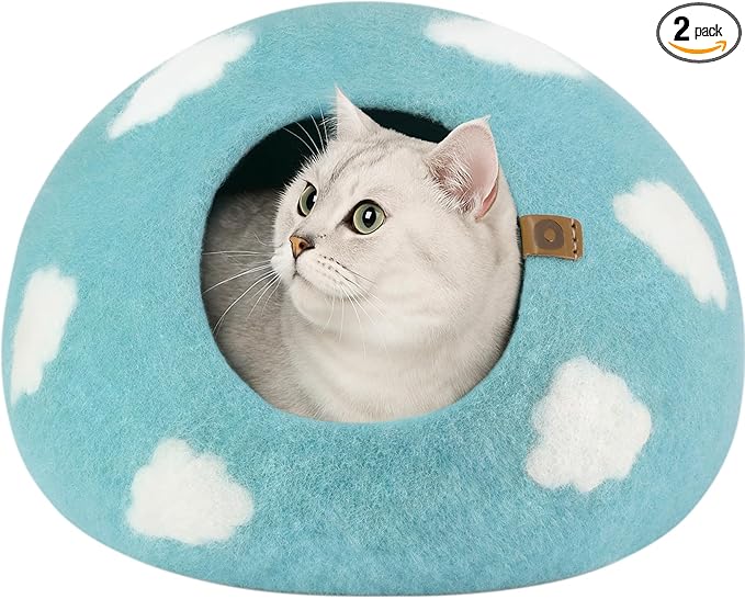 MEOWFIA Cat Cave – Premium Felt Cat Bed for Indoor Cats, Handmade Merino Wool (Cloud Nap Blue, Medium)