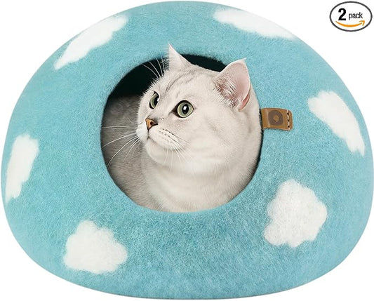 MEOWFIA Cat Cave – Premium Felt Cat Bed for Indoor Cats, Handmade Merino Wool (Cloud Nap Blue, Medium)