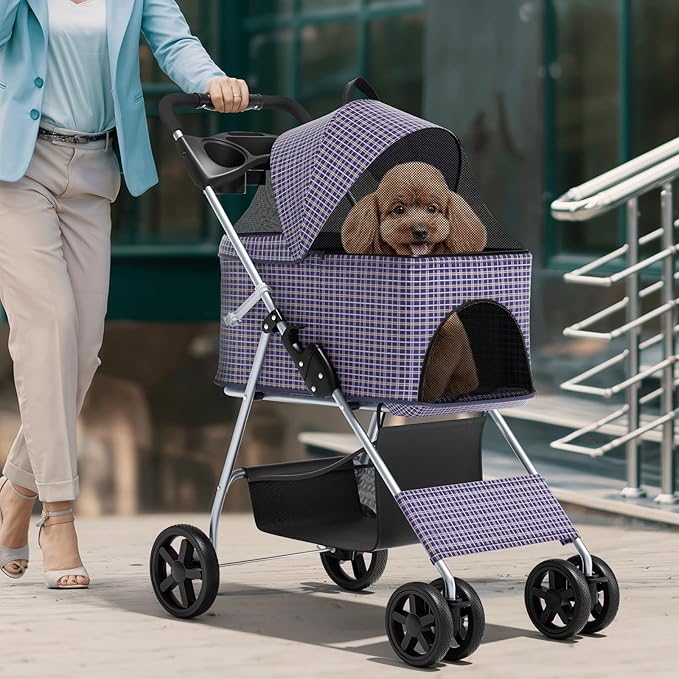Magshion Foldable Pet Stroller, 3-in-1 Dog Travel Jogger with Detachable Carrier, Cup Holder, Storage Basket, Folding Carrier for Small/Medium Dogs & Cats Up to 33 lbs, Plaid