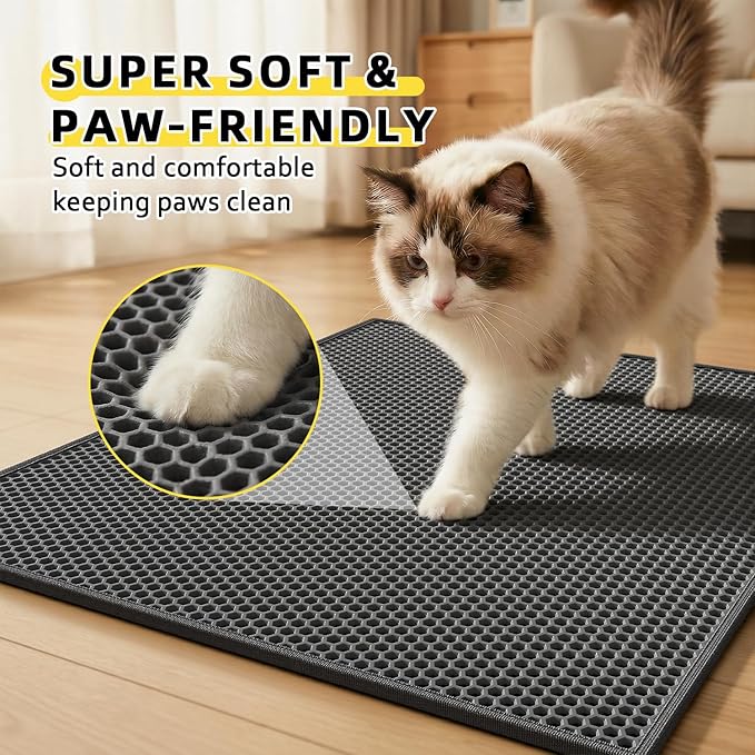 Cat Litter Mat, 30"X24" Large Double Layer Litter Trapping Mat, Waterproof/Urineproof, Easy to Clean Kitty Litter Mats for Floor, Scatter Control (Black-1Pack)