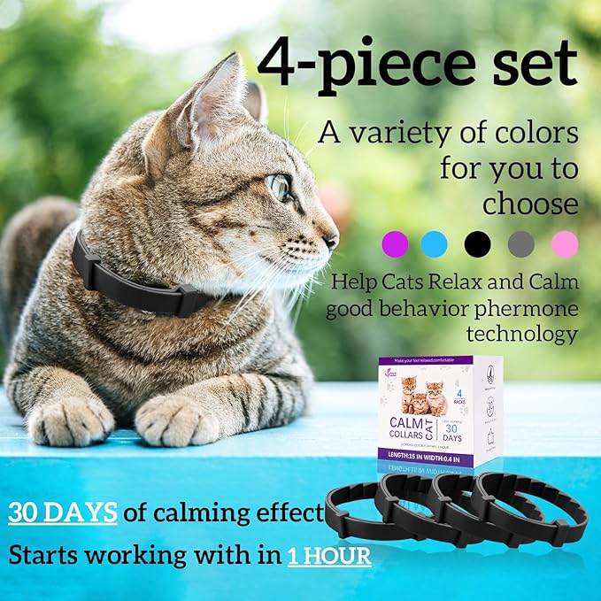4-Pack Cat Calming Collar, Breakaway Cat Collar for Kittens to Large Cats, 4-Week Long Lasting, for Cat Anxiety Relief, Ideal for Indoor Cats(Black)