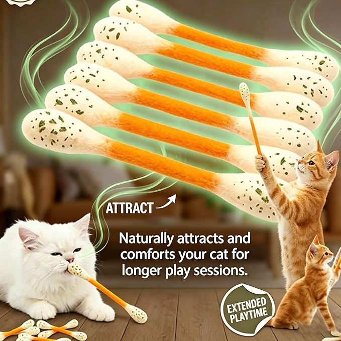 6 PCS Swabs Cat Toys with Catnip,Cat Qtip Toy,Cotton Swabs Cat Toys with Catnip,Durable for Chew,Interactive Kitty Kick Sticks for Cat Lovers Gift,Sturdy Teething Chew Toy