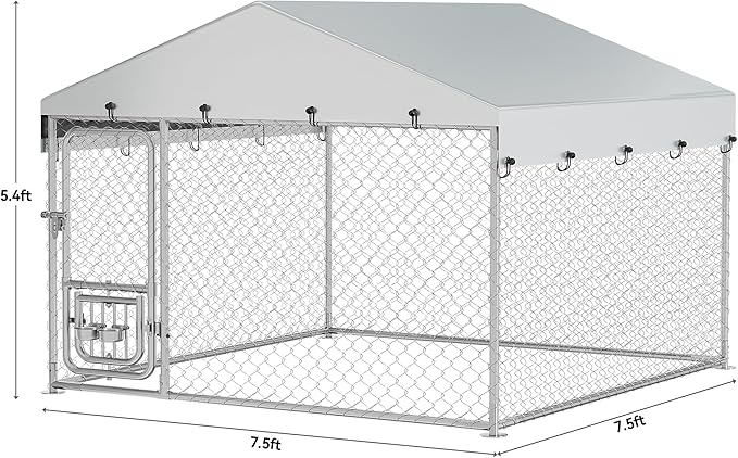 YITAHOME Outdoor Dog Kennel with Rotating Feeder Bowls, 7.5'x7.5' Outdoor Dog Enclosure with Roof, Heavy Duty Dog Cage for Medium Large Dogs