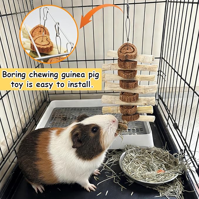 4 PCS Bunny Chew Toys for Grinding Teeth, Hanging Rabbit Snack Toy Natural Chinchilla Sweet Bamboo Sticks Carrot Cake Small Animal Treats String for Chinchilla, Guinea Pigs, Squirrel, Gerbil