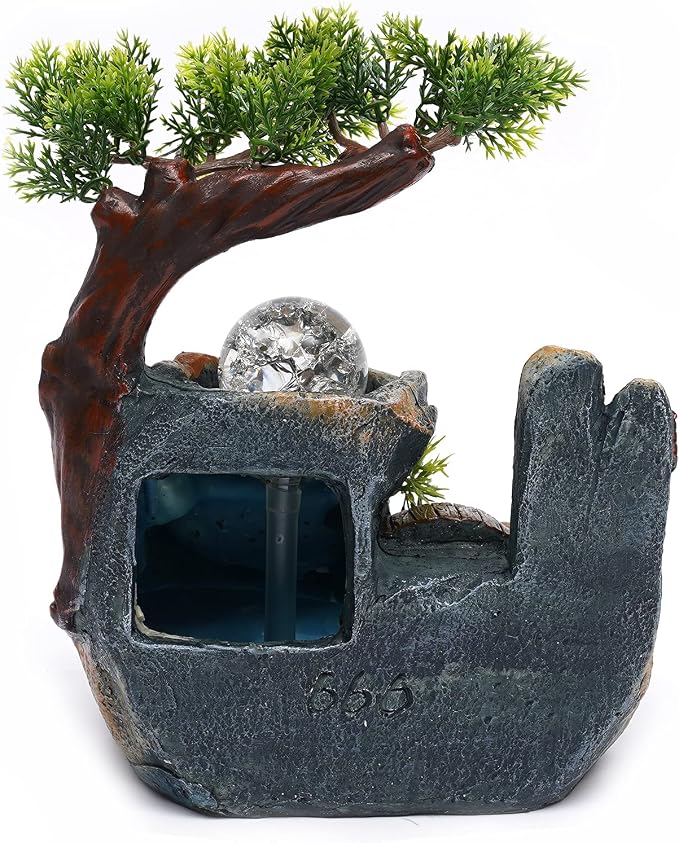 Indoor Fountain Rockery Tabletop Fountain with an Atomizer Elaxation | Water Feature Meditation Desktop Fountains for Home Office Decor or Giving 7.9' x 5.9'' x 9.8'' with LED Light & Fish Bowl