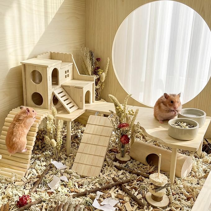 BreezeHug 4 Pcs Hamster Platform Hideout Wooden Tunnel Ladder Playhouse Hamster Game Climbing Toy with Platform Cage Accessories for Pets Dwarf Syrian Mice Degus Gerbils Squirrel(Loft)