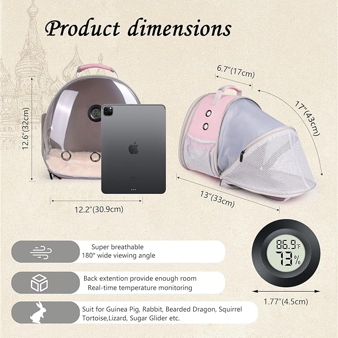 Back Extention Bearded Dragon Travel Backpack Carrier with Reptile Thermometer and Humidity Gauge Lizard Travel Cage Space Capsule Clear Bubble Window Astronaut Reptile Carrier Bag for Ball Python