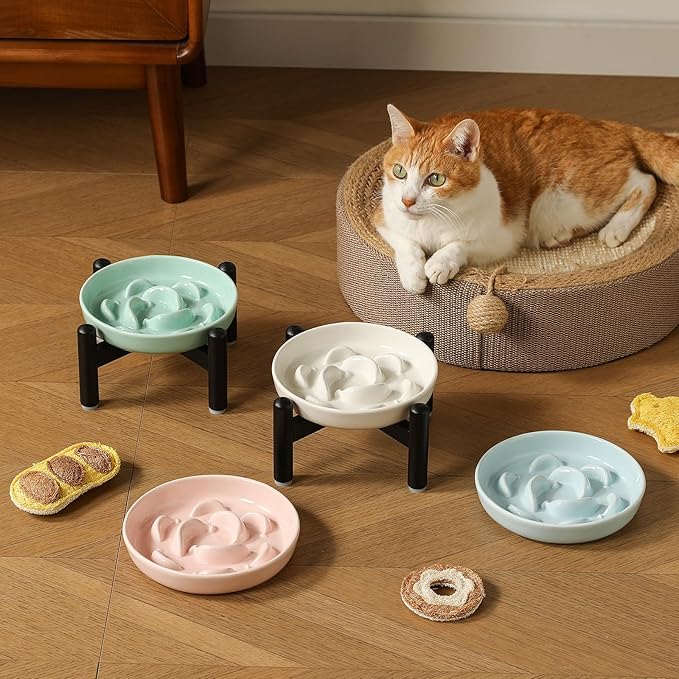 Elevated Slow Feeder Cat Bowl - Ceramic Cat Food Dish with Anti-Slip Stainless Steel Stand - Raised Maze Plate for Slow Eating - Light Pink