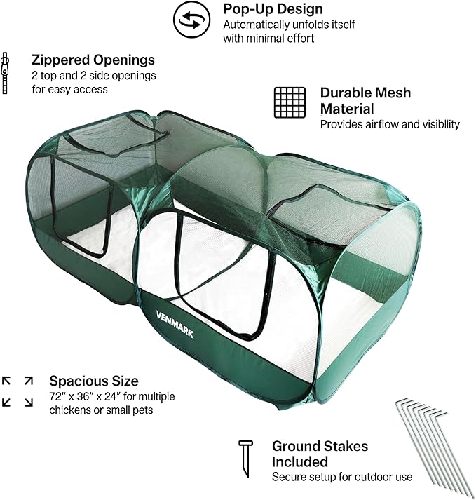 Portable Chicken Coop - Small Animal Playpen and Pop Up Chicken Coop Run - Transparent Breathable Mesh Net and Foldable - Complete with Collapsible Food/Water Bowl