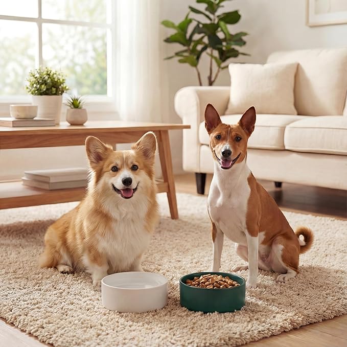 Ceramic Dog Bowl for Food and Water - Pet Feeder Bowl for Small to Medium Dogs and Large Cats - Heavy Ceramic Feeding Dish with Non Slip Base - Dishwasher & Microwave Safe - 2 Pack - 6 Inch - Green