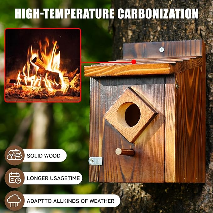 Waterproof Wooden Blue Bird House, Weather Treated Bluebird Box Houses for Outdoors, Nesting Box for Wrens, Swallows, Finches, Chickadee (Wood)