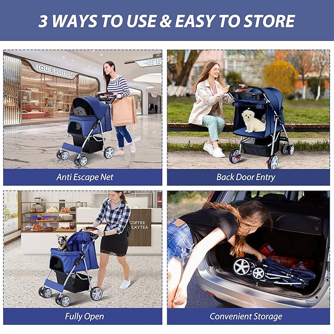 Unisakey 4 Wheels Pet Stroller for Small Medium Dogs Cats 10-33 lbs, Foldable Dog and Cat Stroller with Cup Holder & Storage Basket & Breathable Mesh, Pet Strolling Cart for All-Season, Navy Blue