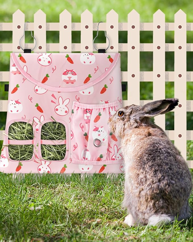 Bissap Rabbit Hay Feeder Bag, 2 Holes Hanging Hay Feeder Guinea Pig Hay Bag with Side Pocket for Rabbits Bunny Chinchillas Hamsters Rats and Other Small Pets Small Animal - Pink