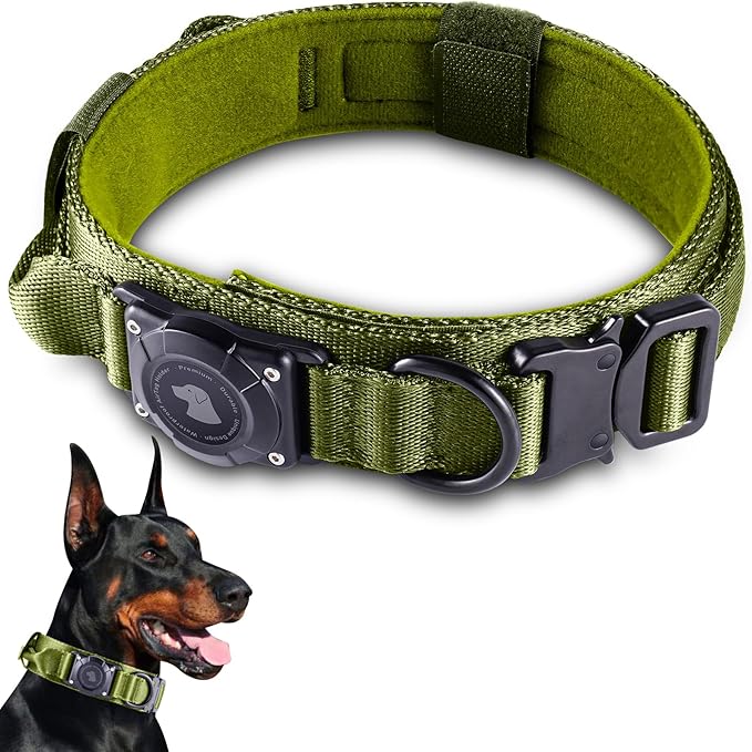 2026 Upgrade Waterproof AirTag Dog Collar, Military Tactical Dog Collar with AirTag Holder, Comfortable Control Handle and Metal Buckle, GPS Dog Collar Holder for Medium to Large Dogs (ArmyGreen, L)