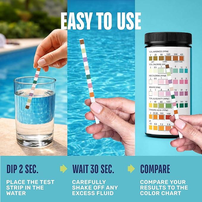 JNW 7-in-1 Pool Test Strips, 100 Quick & Accurate Test Strips for Pool Water, Spa Test Strips for Hot Tub, Chlorine Test Strips, Bromine, pH, Alkalinity, Hardness & More - Swimming Pool Test Kit