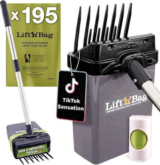 Neater Pet Brands Lift N’ Bag 2.0 Dog Pooper Scooper with Bag Attachment & 22" Pole for Small to Large Dogs, New & Improved Design, 195 Refill Bags, Heavy Duty Dog Poop Scooper for Yard, One-Hand Use