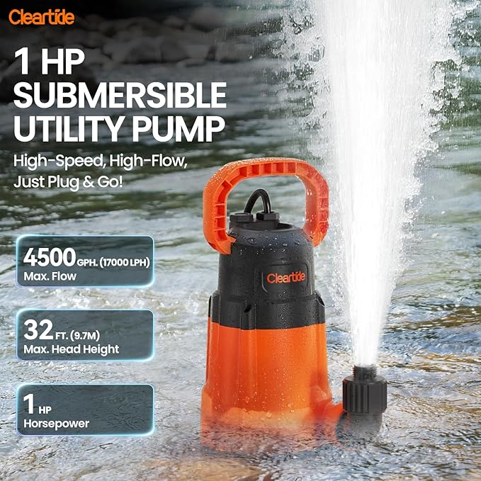 1 HP Submersible Utility Water Pump, 4500 GPH Sump Pump, Portable Plug and Work for Pond, Garden Watering, Pool or Hot Tub Water Transfer