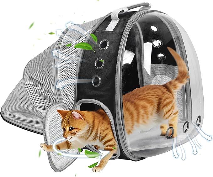 Cat Backpack Carrier Back Expandable Bubble Pet Carrier Backpack for Large Cat, Kitten and Dog, Designed for Hiking, Travelling and Outdoor Use (Back Expandable-Black)