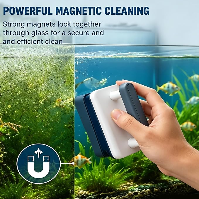 Magnetic Aquarium Glass Cleaner Tool, Dual Sided Fish Tank Cleaner with Algae Scraper, Strong Magnetic Glass Scrubber for Aquarium Maintenance, Easy No Wet Hands Cleaning for Home Fish Tanks ，L