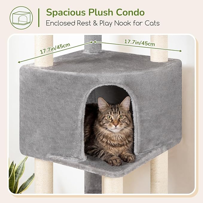 Globlazer Tall Cat Tree Tower for Large Adult Cats, Multi-Level Large 65 Inch Cat Scratching Tower with Hammock, 6 Scratching Posts, Basket and 2 Perches for Indoor Multiple Cats, F65D, Light Grey