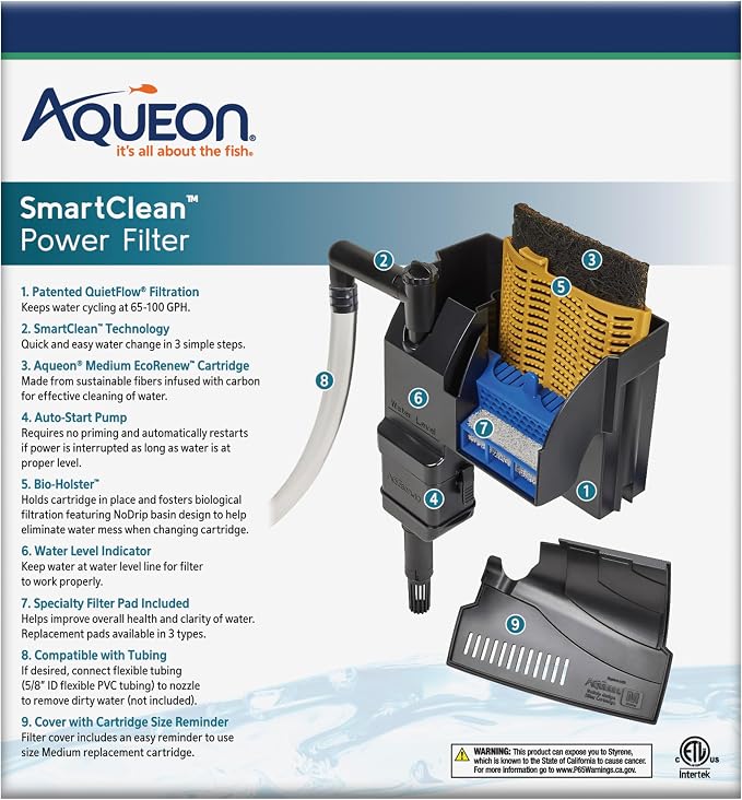 Aqueon SmartClean Power Filter with EcoRenew Filter Cartridge, Quick and Easy Water Changes, Quiet Operation, Adjustable Flow, for 10-20 Gallon Freshwater and Saltwater Aquariums, Medium (Pack of 12)