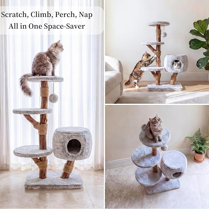 Leo & Lexi Modern Cat Tree Tower with Cave, Real Wood Cat Scratching Post with Bed for Indoor Cats Large Adult, Solid Wooden Climbing Tower, Aesthetic, Luxury Pet Furniture
