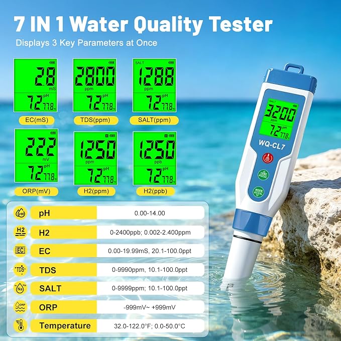 Pool Salt Tester, Digital Pool Water Tester with Calibration Kit | 7-in-1: pH, Salinity, H2, ORP, EC, TDS, Temp. High Precision with ATC. For Saltwater Pool, Hot Tub Spa, Aquarium, Hydroponic