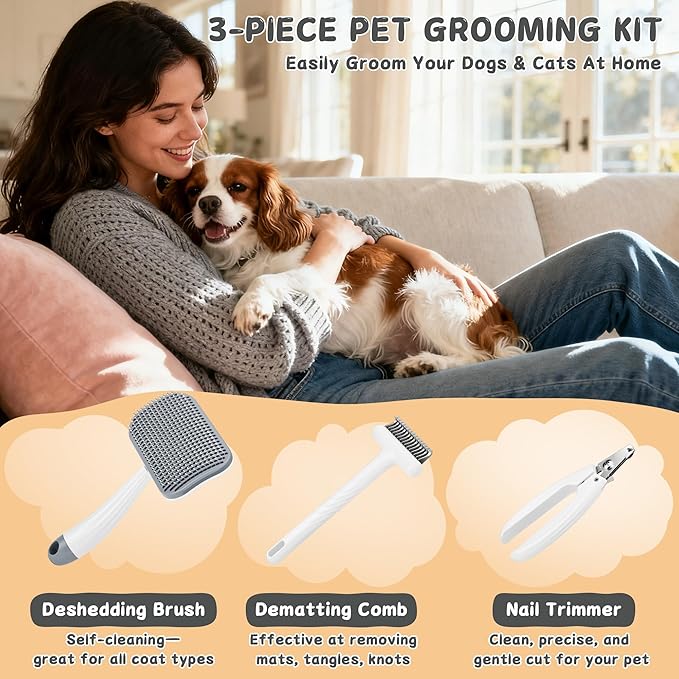 3-Piece Dogs & Cats brush for shedding - Self Cleaning Slicker Brush, Dematting Comb & Nail Clipper - Professional 3-in-1 Grooming Set for Shedding, Mats & Tangles - Easy At-Home Pet Care Tools
