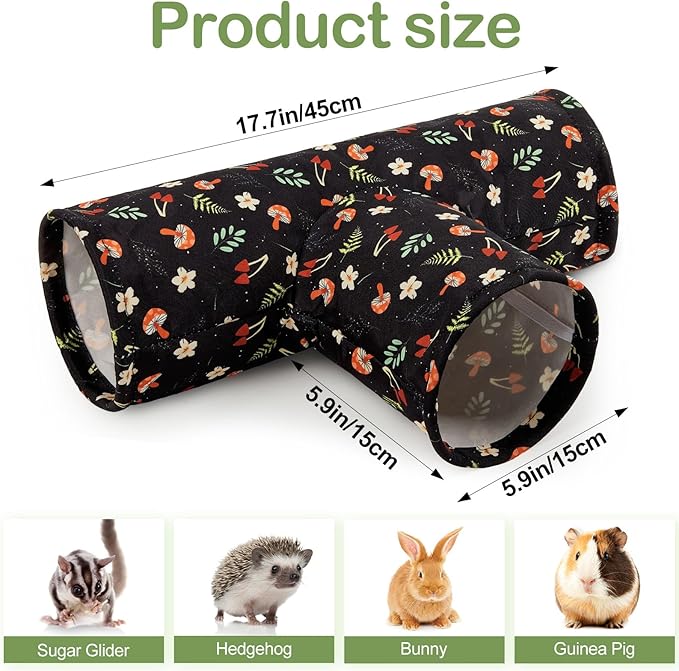 Bienbee Guinea Pig Tunnel, 3 Way Washable Guinea Pig Hideout,Foldable Rabbit Tunnel Guinea Pigs Toys for Bunny Hamster Chinchilla Ferret Rabbit Guinea Pigs Accessories Black Mushroom