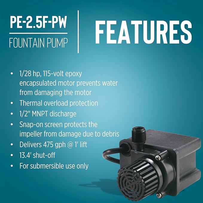 Little Giant PE-2.5F-PW, 115V, 475 GPH Small Submersible Pump, 15' Cord | 1/28 HP, For Fountains/ Small Ponds/ Hydroponics/ Recirculation, Epoxy-coated Aluminum, Manual (no switch), 566612
