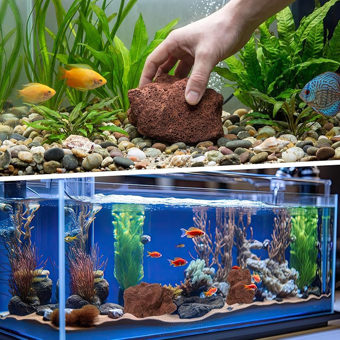 Hicarer 2 Pack Aquarium Red Lava Rock 4''- 6'' Fish Tank Volcanic Rocks Stone for Water Clarification and Odor Removal, Fish Tank Decoration Landscape Stone