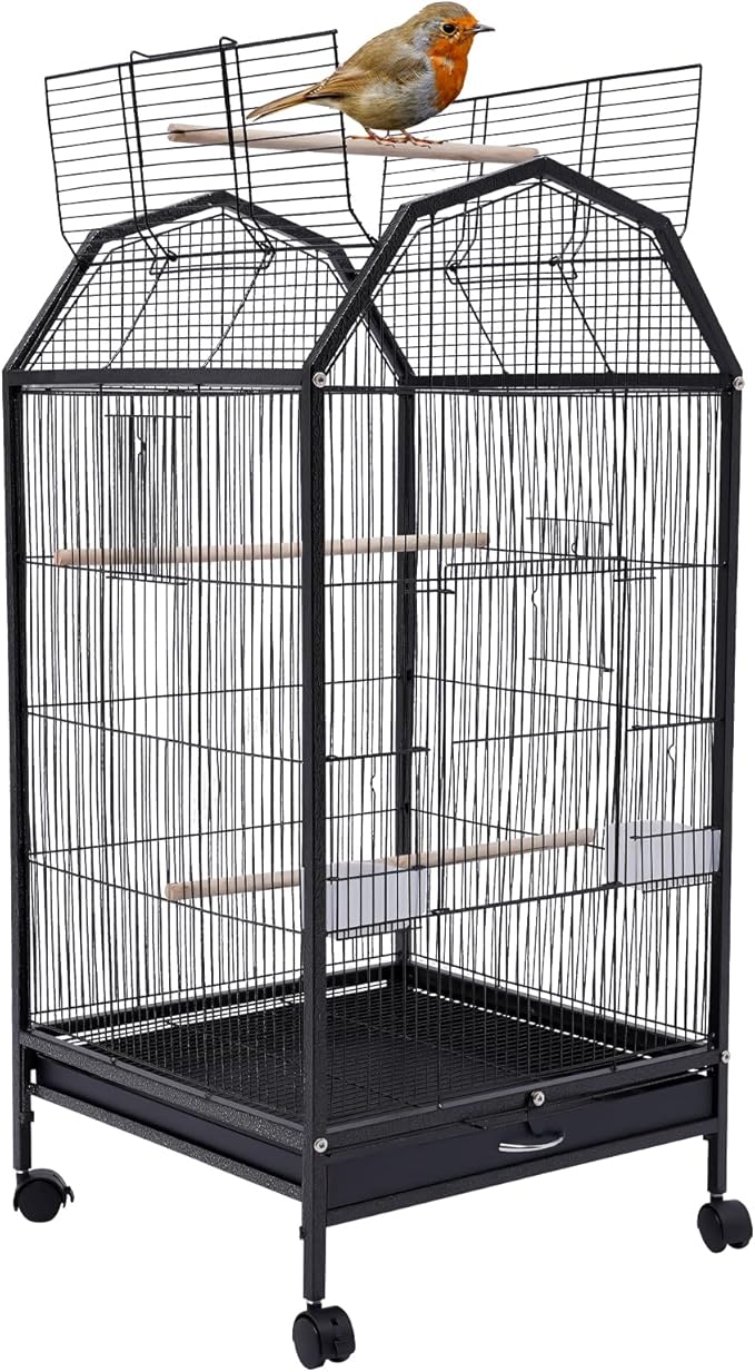 Bird Cage 40-Inch Metal Pet Bird Flight Cage with Play Open Top and Rolling Stand, Large Finch Bird Cage with Anti-Escape Door for Conure Canary Parekette Macaw Cockatoo Budgie Cockatiels Parrot