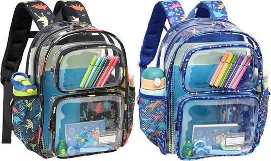 Bagseri Clear Backpack for Kids - 15 Inch Heavy Duty Bookbag for Kindergarten to Grade 2, Transparent School Bag with Reflective Strip, Fits Folders, Black Dino & Blue Dino