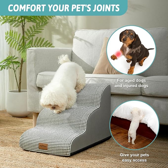 COZY KISS Dog Stairs for Small Dogs 15.7" H, Curved Dog Step for Puppy, Older Cat, Medium Pet Ramp for Sofa, Couch or Chair, Ladder with High Density Foam, 3 Step, 15.7x22.4x15.7 inch, White Black