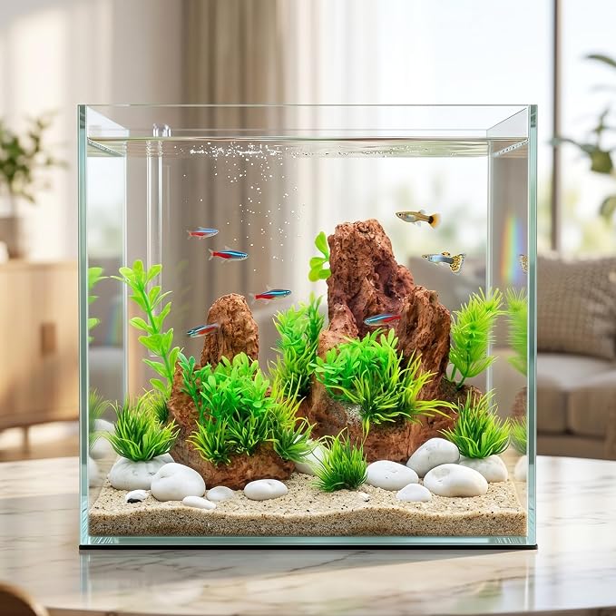 Fish Tank Decorations Artificial Small Resin Hideout Cave Plants | Resin hideout cave for fish tank decor, 6pcs aquarium decoration with lifelike plants, reduce stress for small tropical fish