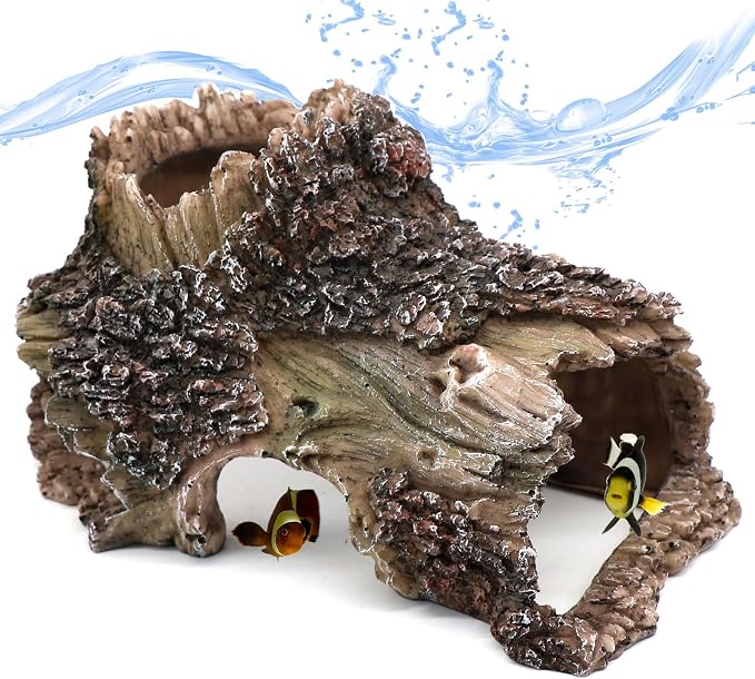 relaqcc Tree Trunk Cave Aquarium Decoration Reptile Cave Climb Hideout Hideaway, Betta Log Resin Wood House Fish Tank Decorations for Betta Fish, Shrimp, Lizards, Leopard Gecko