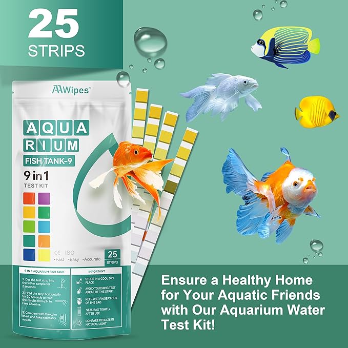 AAwipes Fish Tank Marine Water Test Strips 9-in-1 |25 Strips | Freshwater, Saltwater & Reef Tanks Quick & Accurate Test pH, Carbonate, Copper, Alkalinity, Hardness, Chlorine, Nitrate, Nitrite, etc